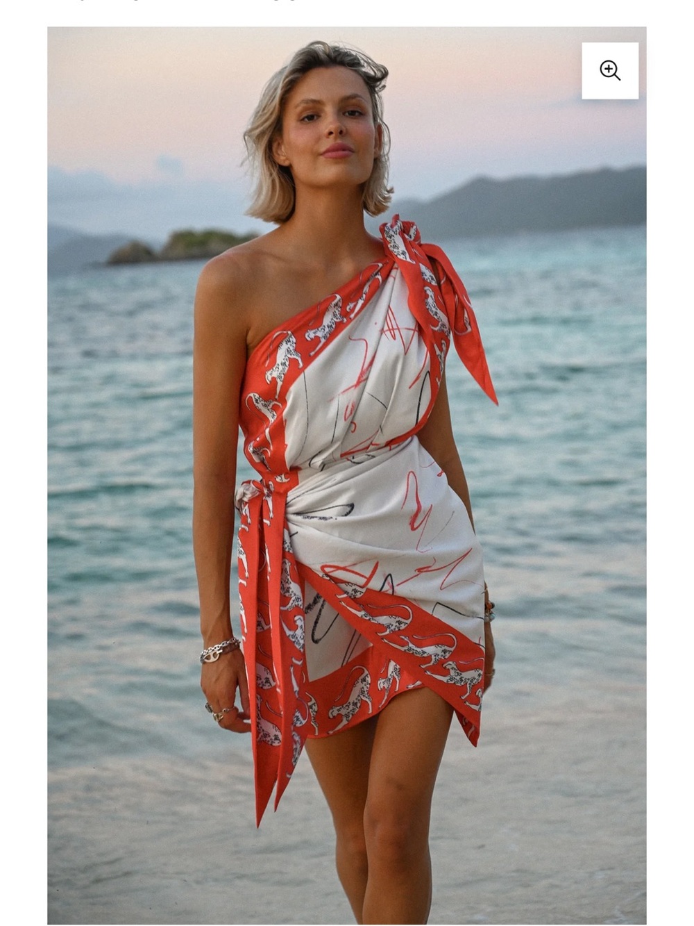 Feline One-Shoulder Mini Dress in Coral and White - Picture 4 of 8